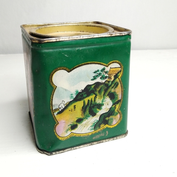 Vintage China Tea Tin Small Green Landscape - Picture 2 of 3